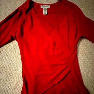 Women’s faux wrap, red sweater, lace sleeve details. Great condition.